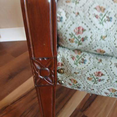 Vintage Upholstered Accent Chair with Floral Damask Fabric & Carved Wood Arms