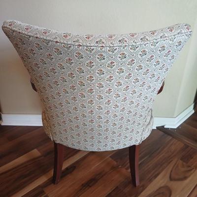 Vintage Upholstered Accent Chair with Floral Damask Fabric & Carved Wood Arms
