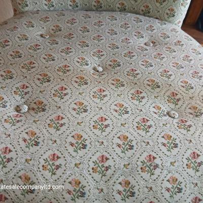 Vintage Upholstered Accent Chair with Floral Damask Fabric & Carved Wood Arms