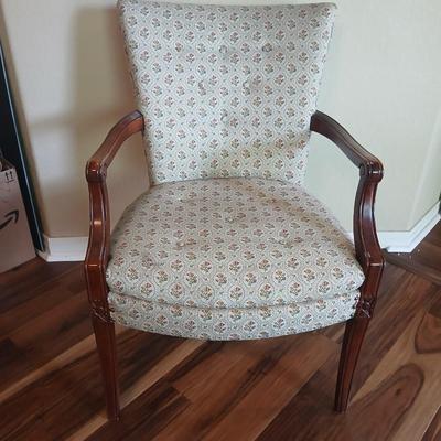 Vintage Upholstered Accent Chair with Floral Damask Fabric & Carved Wood Arms