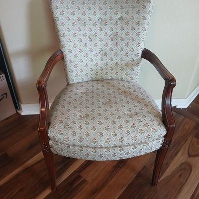 Vintage Upholstered Accent Chair with Floral Damask Fabric & Carved Wood Arms