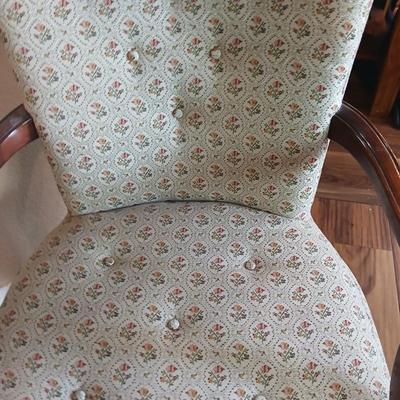 Vintage Upholstered Accent Chair with Floral Damask Fabric & Carved Wood Arms