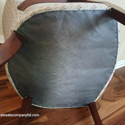 Vintage Upholstered Accent Chair with Floral Damask Fabric & Carved Wood Arms