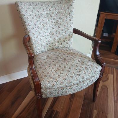 Vintage Upholstered Accent Chair with Floral Damask Fabric & Carved Wood Arms