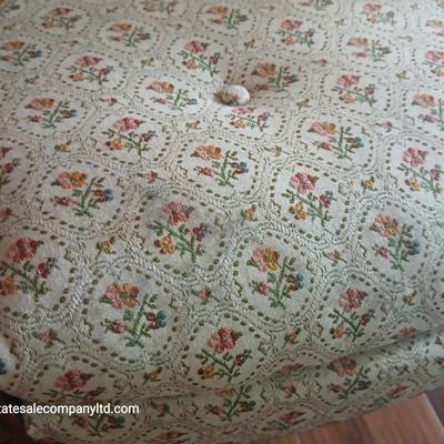 Vintage Upholstered Accent Chair with Floral Damask Fabric & Carved Wood Arms