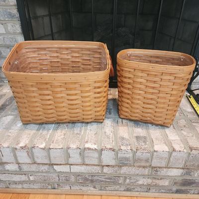 2 Longaberger Baskets with Protectors 1 Leather Handles 2003 1 wood base 2005