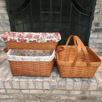 3 Longaberger Baskets 2001 2002 2 with Liners and Protectors, 1 basket w Lid & Tray