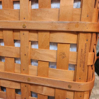 3 Longaberger Baskets 2001 2002 2 with Liners and Protectors, 1 basket w Lid & Tray