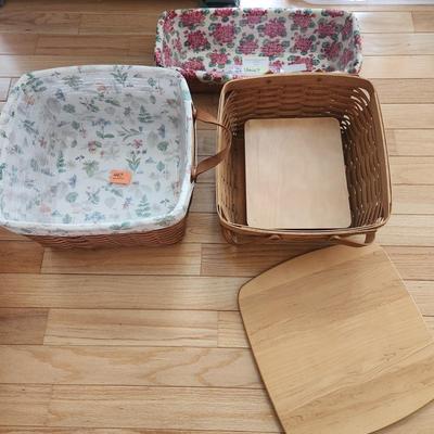 3 Longaberger Baskets 2001 2002 2 with Liners and Protectors, 1 basket w Lid & Tray