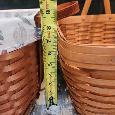 3 Longaberger Baskets 2001 2002 2 with Liners and Protectors, 1 basket w Lid & Tray