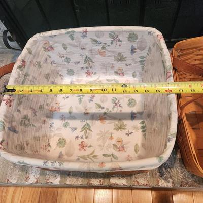 3 Longaberger Baskets 2001 2002 2 with Liners and Protectors, 1 basket w Lid & Tray