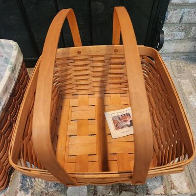 3 Longaberger Baskets 2001 2002 2 with Liners and Protectors, 1 basket w Lid & Tray