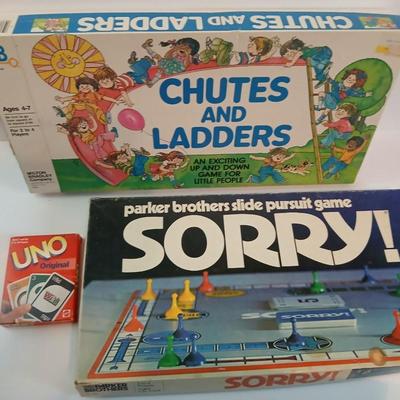 Classic Family Game Lot – Sorry!, Chutes and Ladders, UNO