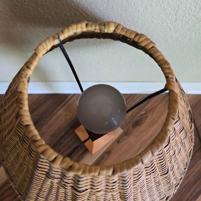 Wood Side Table with Magazine Rack & Woven Shade Table Lamp