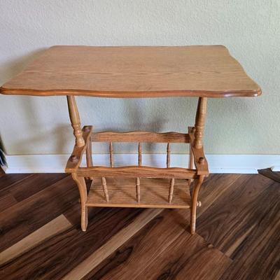 Wood Side Table with Magazine Rack & Woven Shade Table Lamp