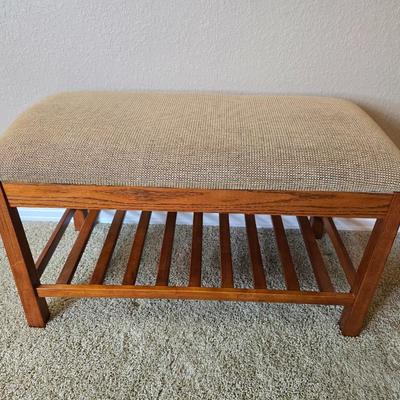 Mission-Style Upholstered Entry Bench with Slatted Shelf