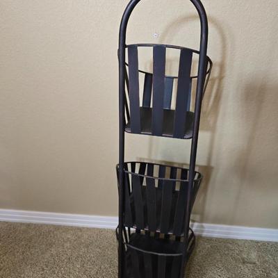 Black Metal 3-Tier Basket Rack with Woven Wastebasket