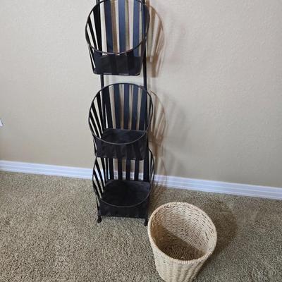 Black Metal 3-Tier Basket Rack with Woven Wastebasket