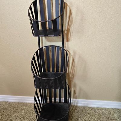 Black Metal 3-Tier Basket Rack with Woven Wastebasket
