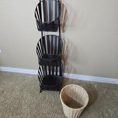 Black Metal 3-Tier Basket Rack with Woven Wastebasket