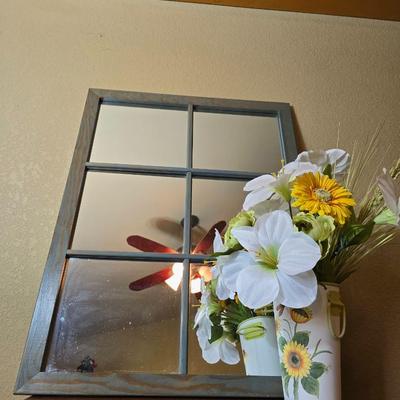 Rustic Windowpane Mirror with Floral Arrangement