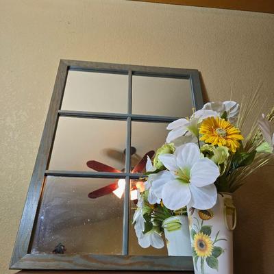 Rustic Windowpane Mirror with Floral Arrangement