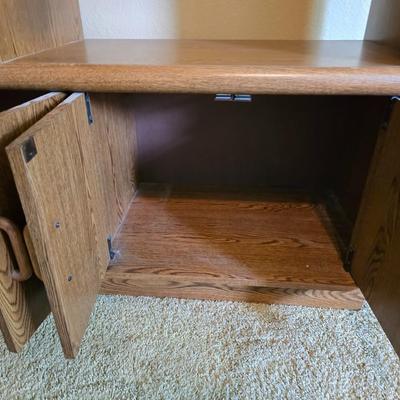Oak Finish Entertainment Center with Glass Cabinet & Nice flat screen Philips TV