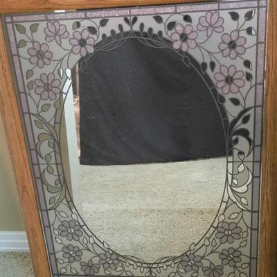 Floral Etched Mirror with Oak Frame – Vintage Style