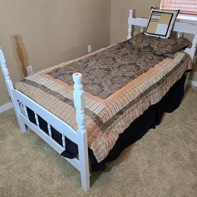 White Wooden Twin Bed with Bedding