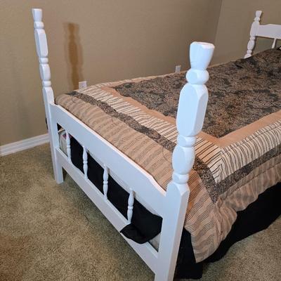 White Wooden Twin Bed with Bedding