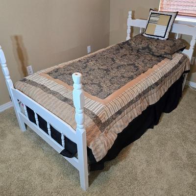 White Wooden Twin Bed with Bedding