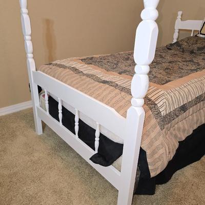 White Wooden Twin Bed with Bedding