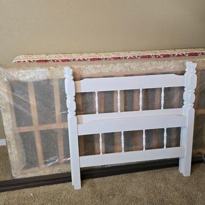 White Wooden Twin Bed with Bedding
