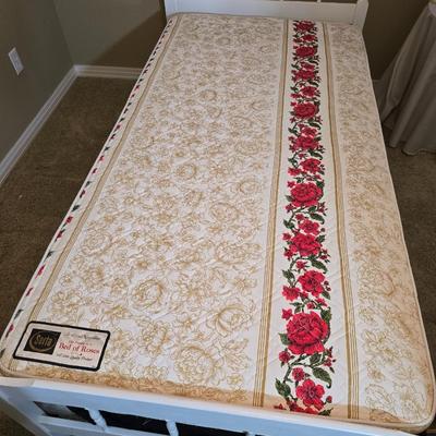 White Wooden Twin Bed with Bedding