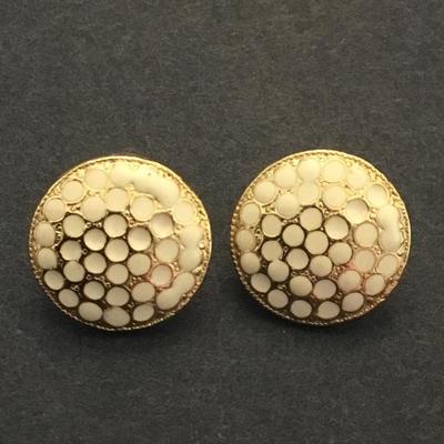Vintage, gold, toned cream, enameled, polkadot, circular stud earrings