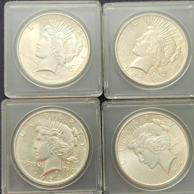 4 Silver Peace Dollars Coins 1922 1923 1924 1925