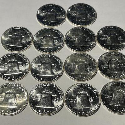 LOT OF (14) 1963-P BRILLIANT UNCIRCULATED FRANKLIN SILVER HALF DOLLARS.