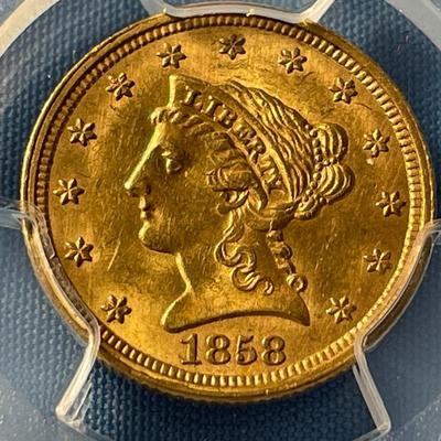 PCGS CERTIFIED VERY RARE 1858 MS62 WAY UNDERGRADED $2.50 LIBERTY GOLD COIN SIRVIVAL IS ESTIMATED AROUND 250 KNOWN PIECES. PROBLEM FREE COIN.