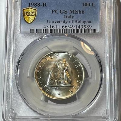 PCGS CERTIFIED ITALY 1988-R MS66 100-LIRE UNIVERSITY OF BOLOGNA SILVER COIN AS PICTURED.