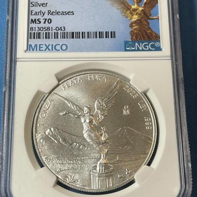 NGC CERTIFIED MEXICO 2023-MO MS70 GRADED 1-ONZA 1-OUNCE .999 SILVER ROUND AS PICTURED. (COIN #043).