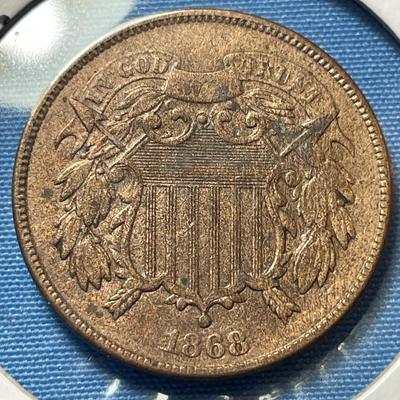 1868 AU Condition Cleaned Two Cent Piece Type Coin as Pictured. Satisfaction Guaranteed.