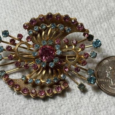 Vintage Art Deco Era Hand Made Fashion Pin/Brooch w/Pink/Blue Stone Accents as Pictured.