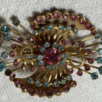 Vintage Art Deco Era Hand Made Fashion Pin/Brooch w/Pink/Blue Stone Accents as Pictured.