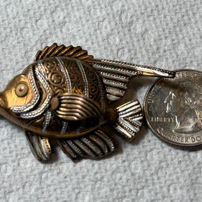 Vintage Damascene Gold-tone w/Black Accents Fish Pin/Brooch Made in Spain as Pictured.