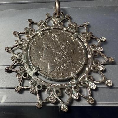 Hand Made Large Sterling Silver Bezel 1886-O Morgan Silver Dollar Pendant Uniquely Etched 2.5" Diameter.