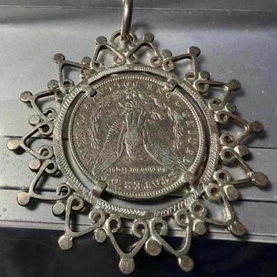 Hand Made Large Sterling Silver Bezel 1886-O Morgan Silver Dollar Pendant Uniquely Etched 2.5" Diameter.