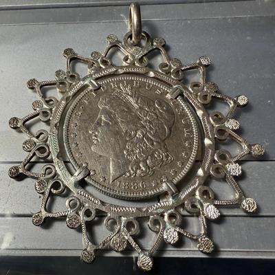Hand Made Large Sterling Silver Bezel 1886-O Morgan Silver Dollar Pendant Uniquely Etched 2.5" Diameter.