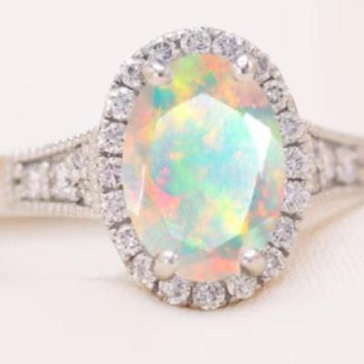 Vintage Faceted Opal 925 White Gold Ring