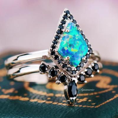 Blue Fire Opal & Black Diamond Bridal Set