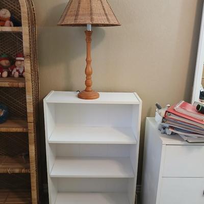Compact White 3-Shelf Bookcase & Rattan Table Lamp